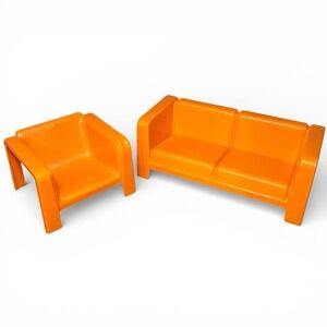 Vintage 70's BARBIE Couch & Chair Living room set -RETRO Orange Mattel 1973